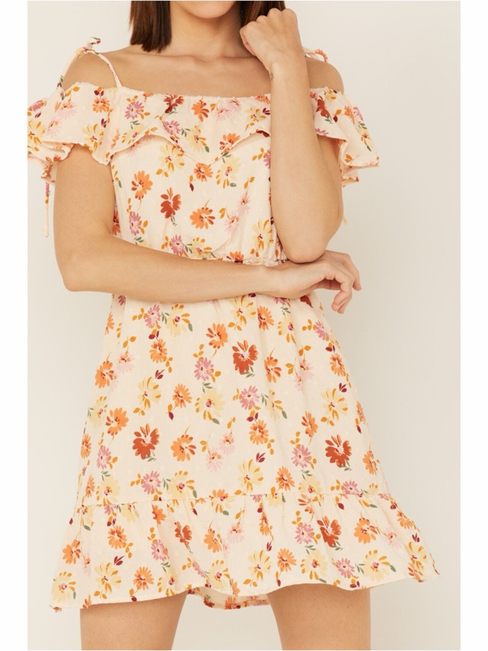 Peach Floral Off-Shoulder Mini Dress - Picture 3 of 4